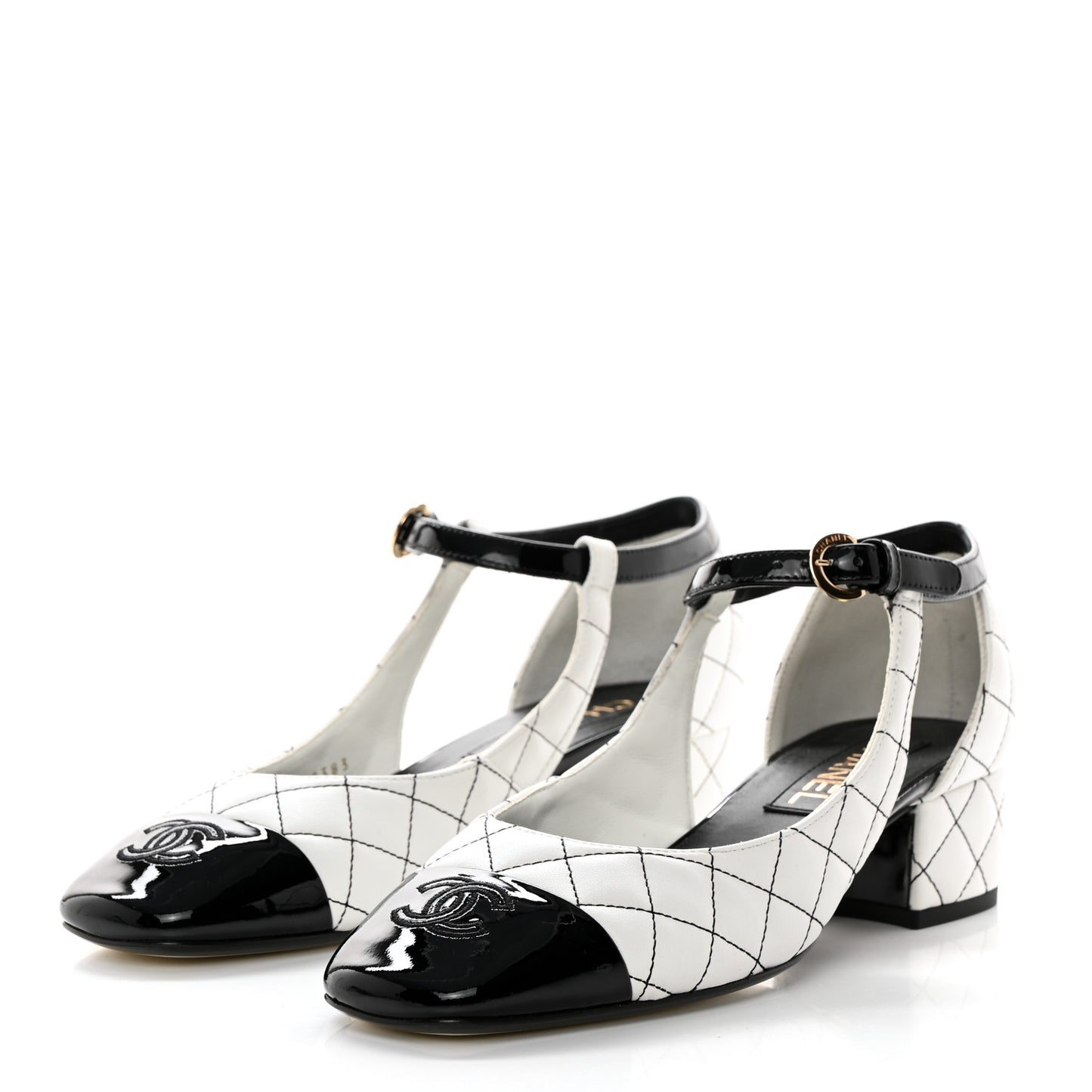 Lambskin Patent Quilted Cap Toe Mary Jane Flats 38 White Black