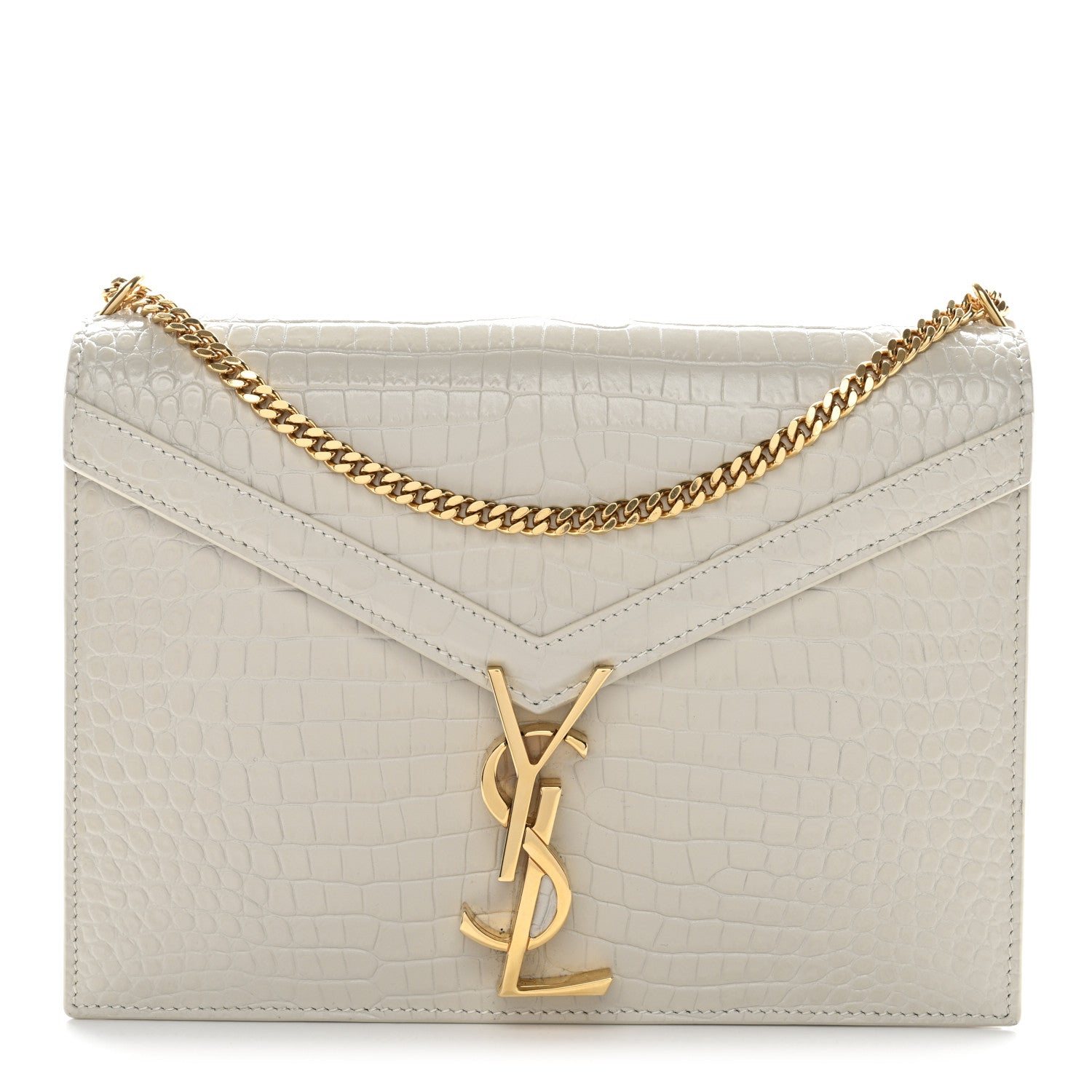 Saint Laurent Calfskin Crocodile Embossed Monogram Cassandra Clasp Bag Crema Soft 1 of 11