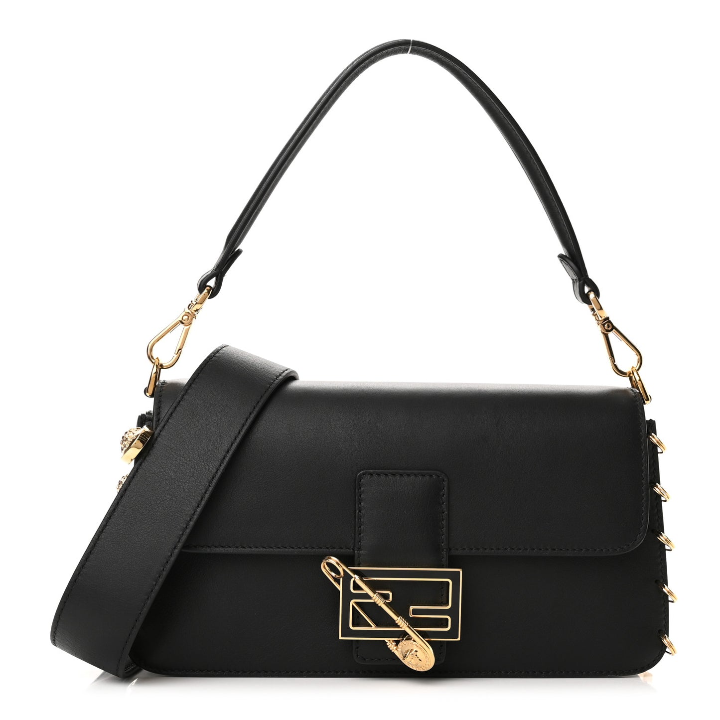 X VERSACE Vitello Seta Fendace Brooch Baguette Black
