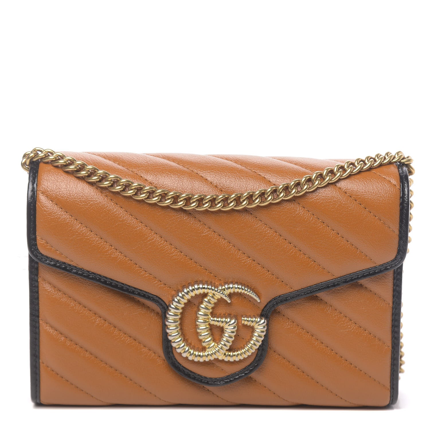 Gucci Vintage Effect Calfskin Matelasse Diagonal Torchon GG Marmont Chain Wallet Cognac 1 of 10
