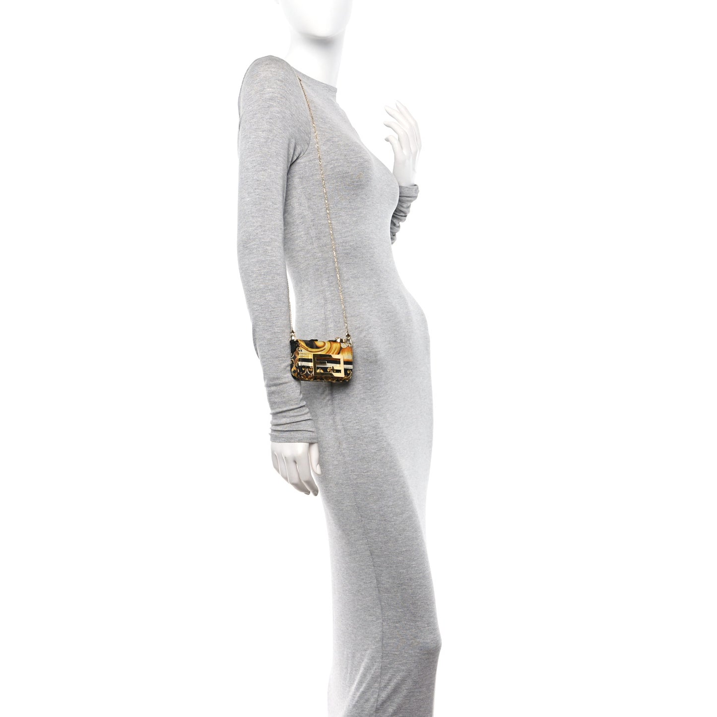 X VERSACE Silk Fendace FF Baroque Nano Brooch Baguette Charm Black Gold