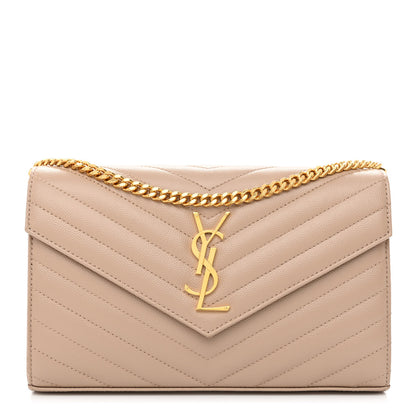 Saint Laurent Grain De Poudre Matelasse Chevron Monogram Chain Wallet Deep Beige 1 of 11