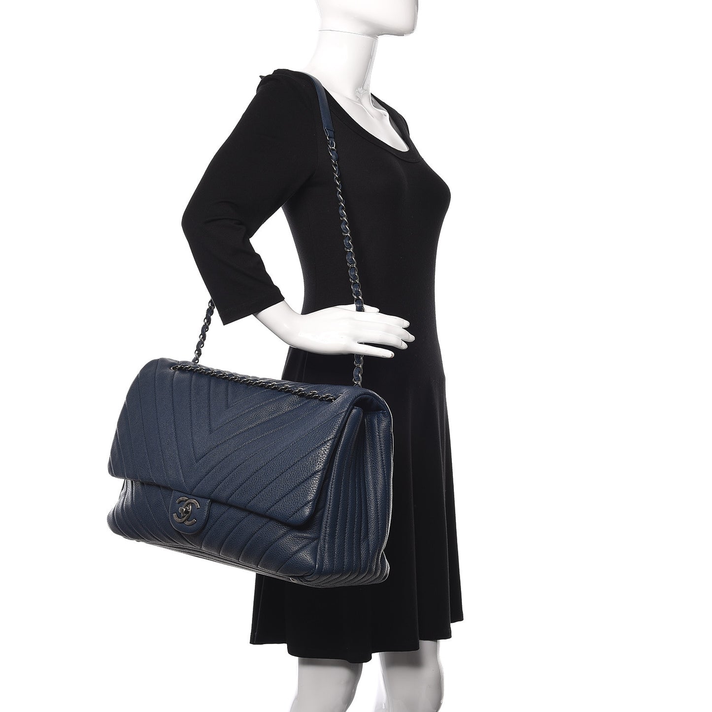 Calfskin Chevron Quilted XXL Travel Flap Bag Blue