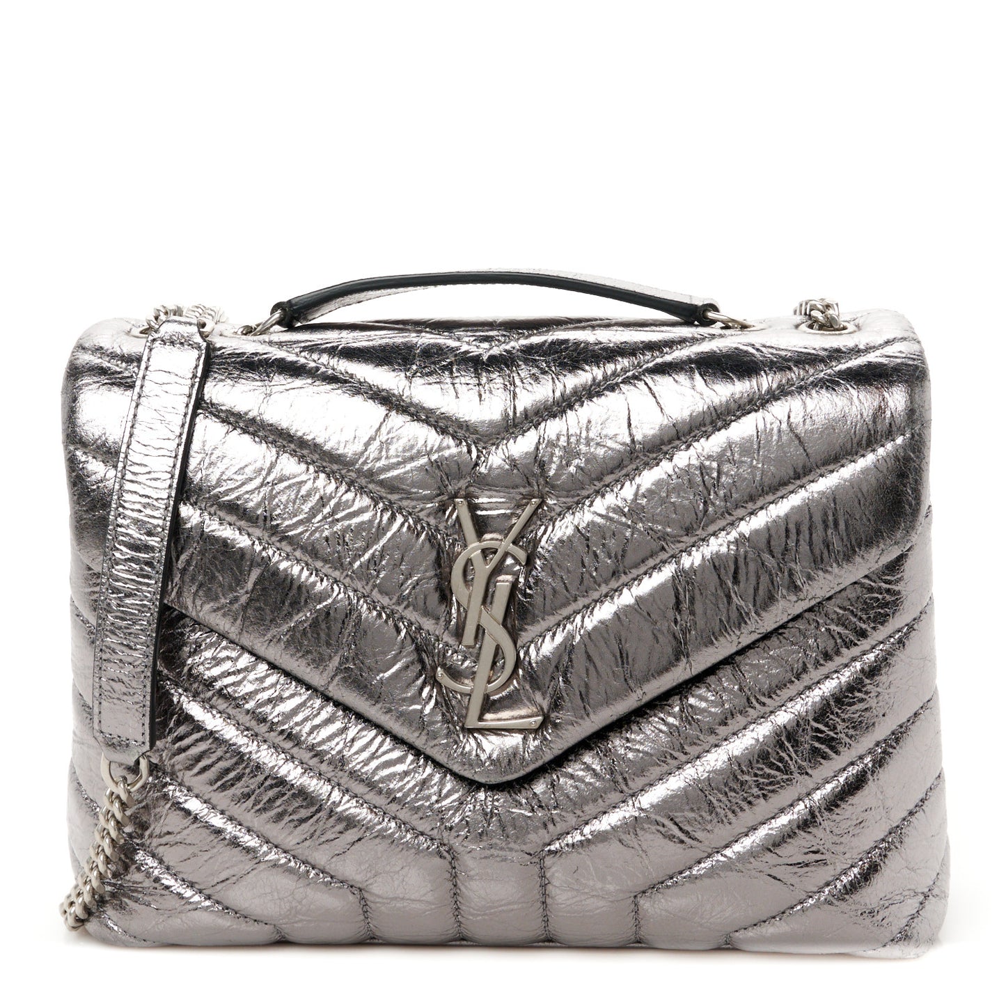 Metallic Calfskin Y Quilted Monogram Small Loulou Chain Satchel Acciaio