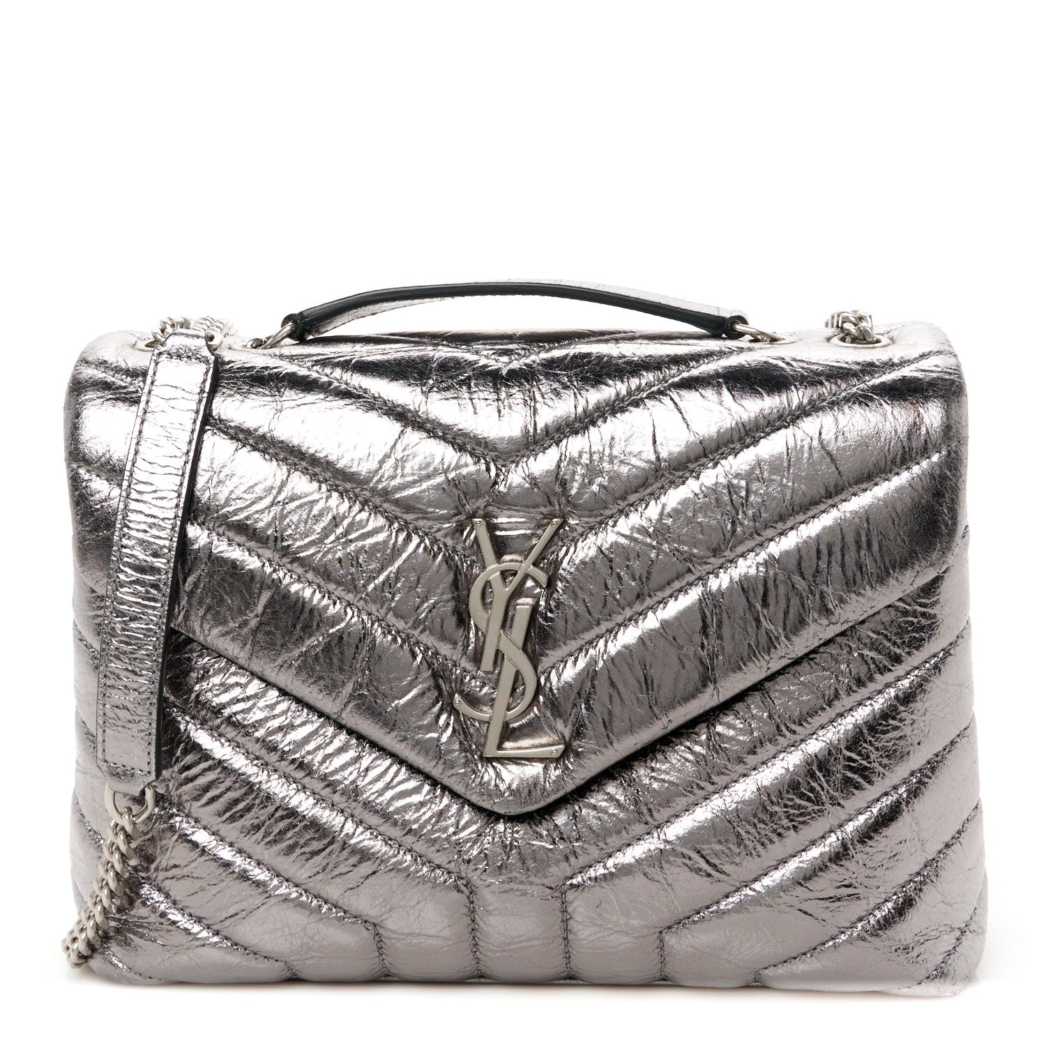 Saint Laurent Metallic Calfskin Y Quilted Monogram Small Loulou Chain Satchel Acciaio 1 of 10