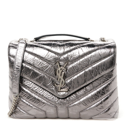 Saint Laurent Metallic Calfskin Y Quilted Monogram Small Loulou Chain Satchel Acciaio 1 of 10