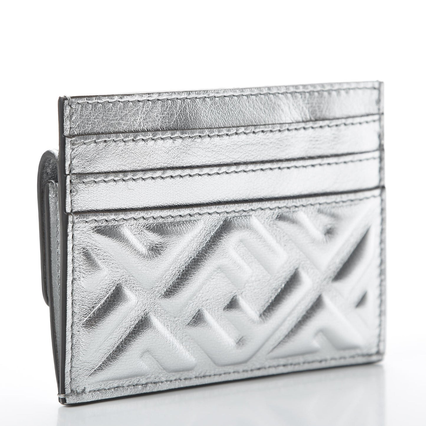 Vitello Catalan Mirror FF 1974 Embossed Fold Over Card Holder Wallet Argento