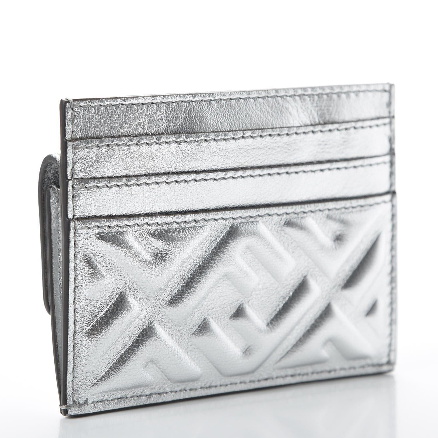 Fendi Vitello Catalan Mirror FF 1974 Embossed Fold Over Card Holder Wallet Argento 3 of 11