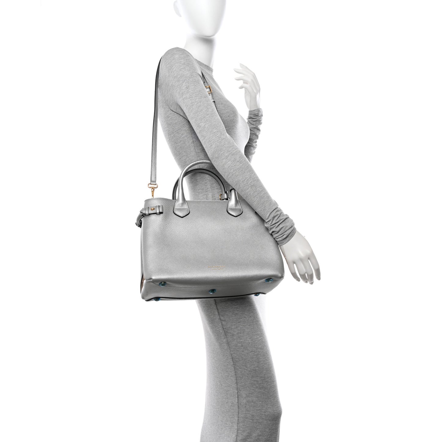 Metallic Grainy Calfskin House Check Medium Banner Tote Silver
