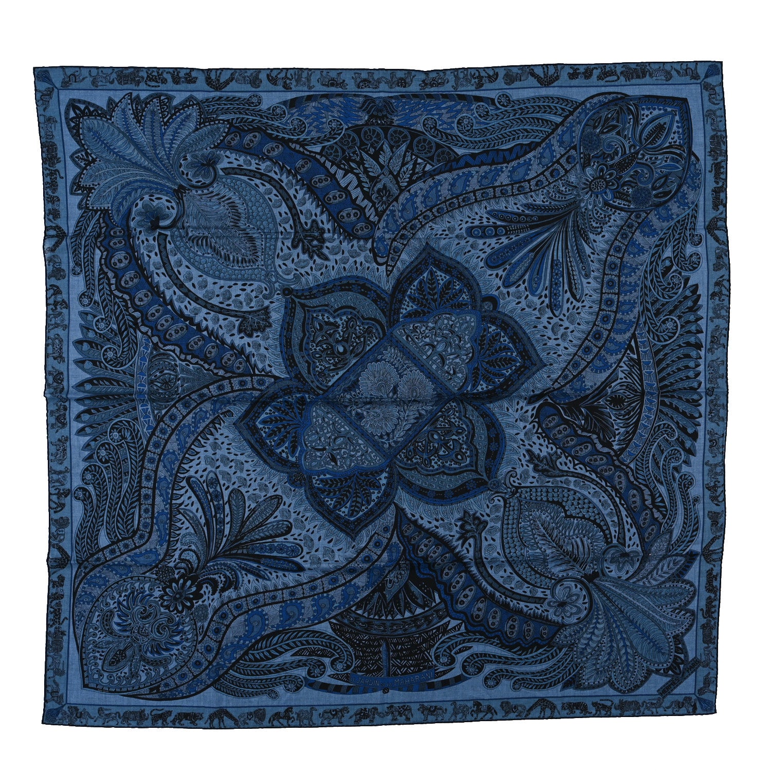 Hermes Cashmere Silk Le Jardin De La Maharani Shawl 140 Bleu Chine Blue Jean Black 1 of 4