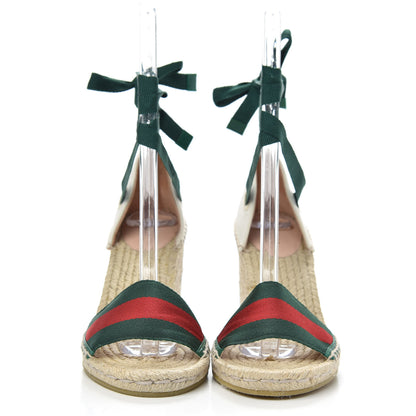 Gucci Canvas Malaga Kid Web Ankle Wrap Espadrille Wedge Sandals 38.5 Green Red Mystic White Emerald 2 of 9
