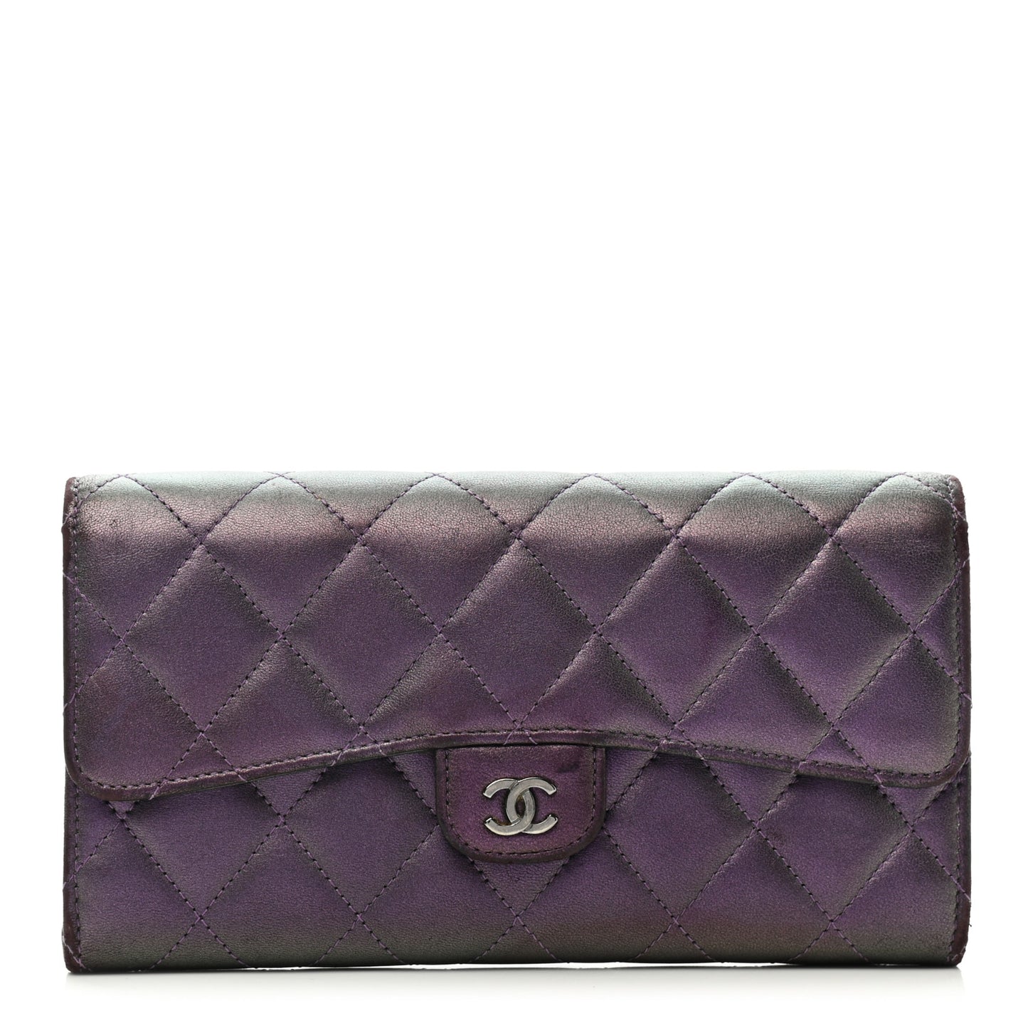 Metallic Lambskin Quilted Large Gusset Flap Wallet Purple