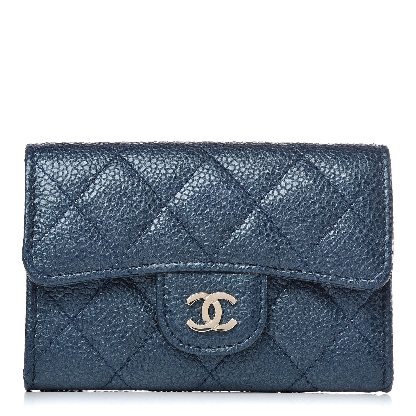 Iridescent Caviar Quilted Flap Card Holder Dark Blue
