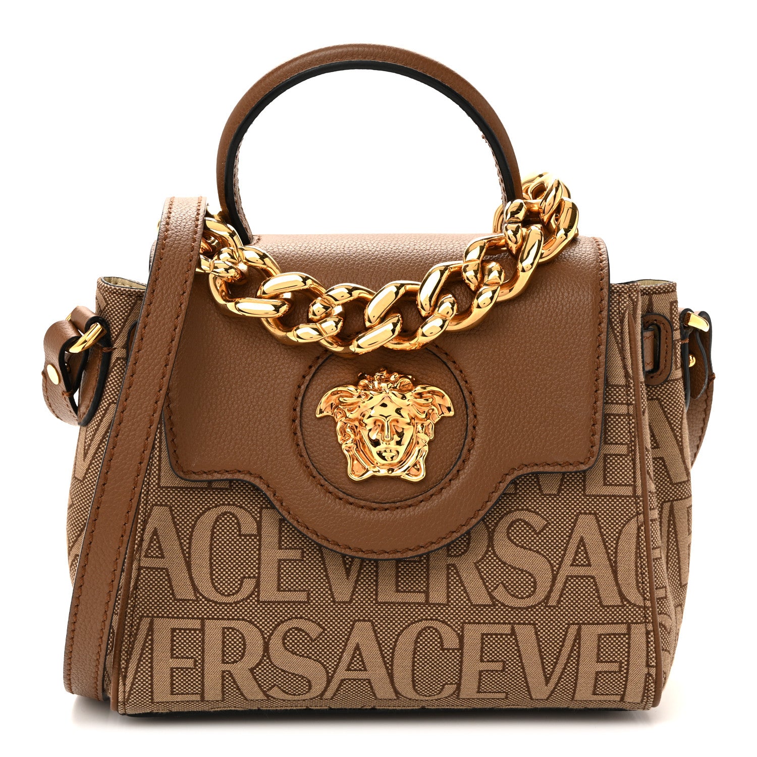 Versace Calfskin Canvas Allover La Medusa Small Top Handle Handbag Brown 1 of 11