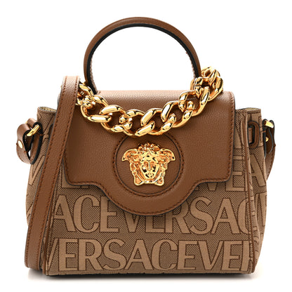 Versace Calfskin Canvas Allover La Medusa Small Top Handle Handbag Brown 1 of 11