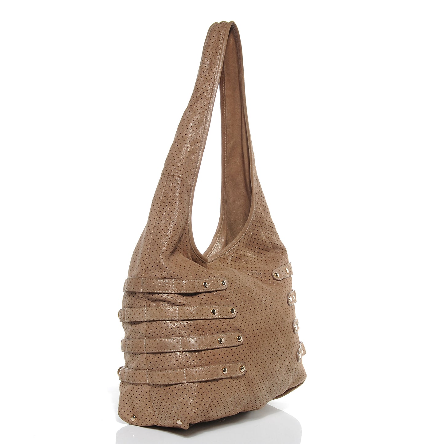 Metallic Leather Perforated Bardia Hobo Beige