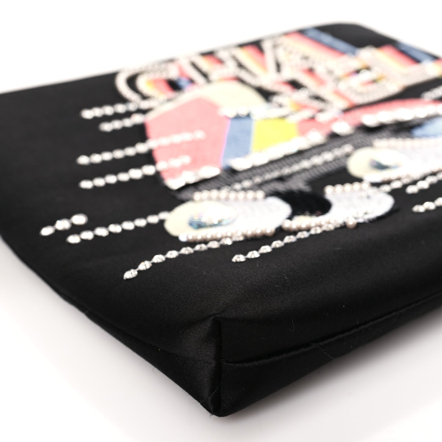 Satin Sequin Pearl Crystal Roller Skate Quilted Clutch With Chain Black Multicolor