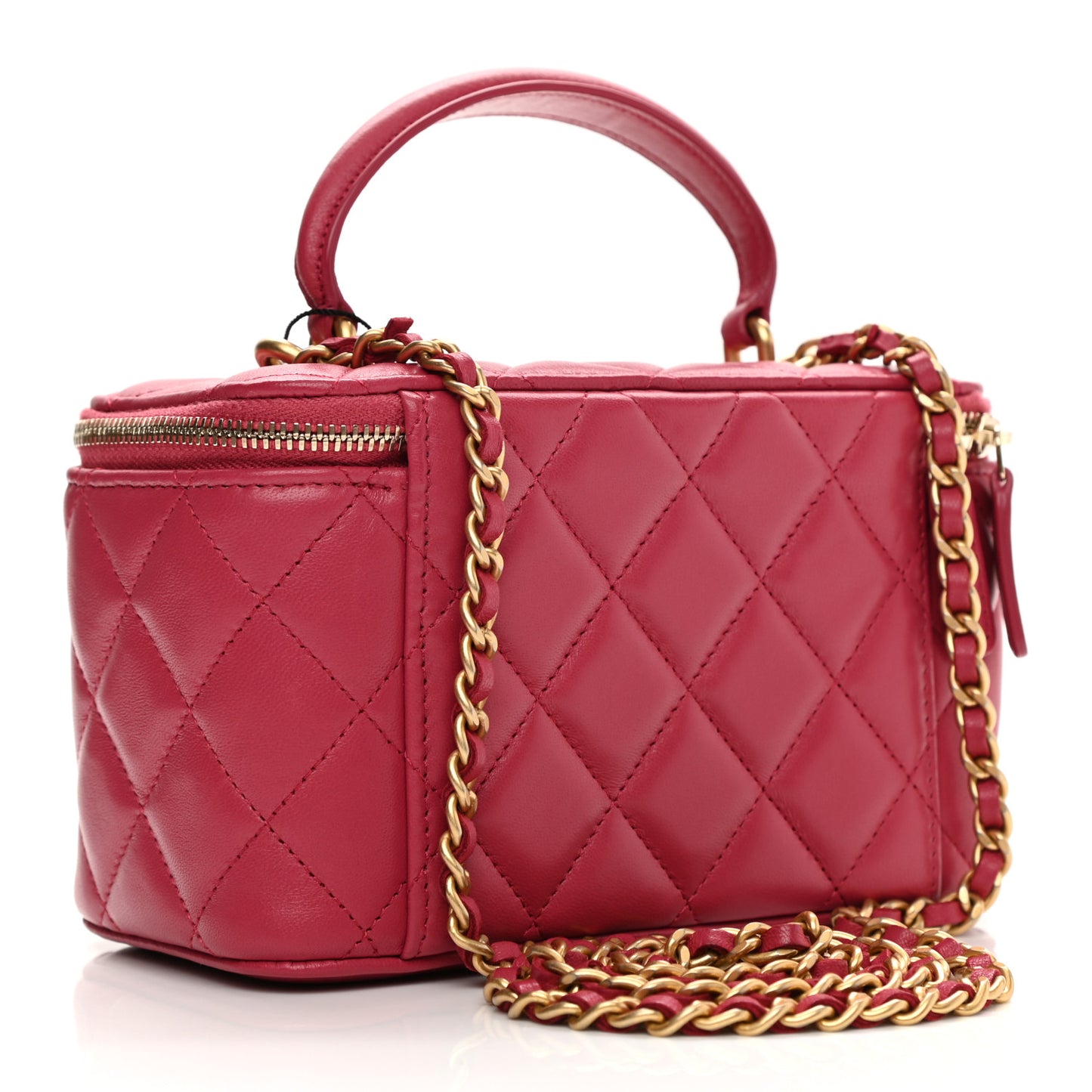 Lambskin Quilted Small Top Handle Vanity Case With Chain Dark Pink