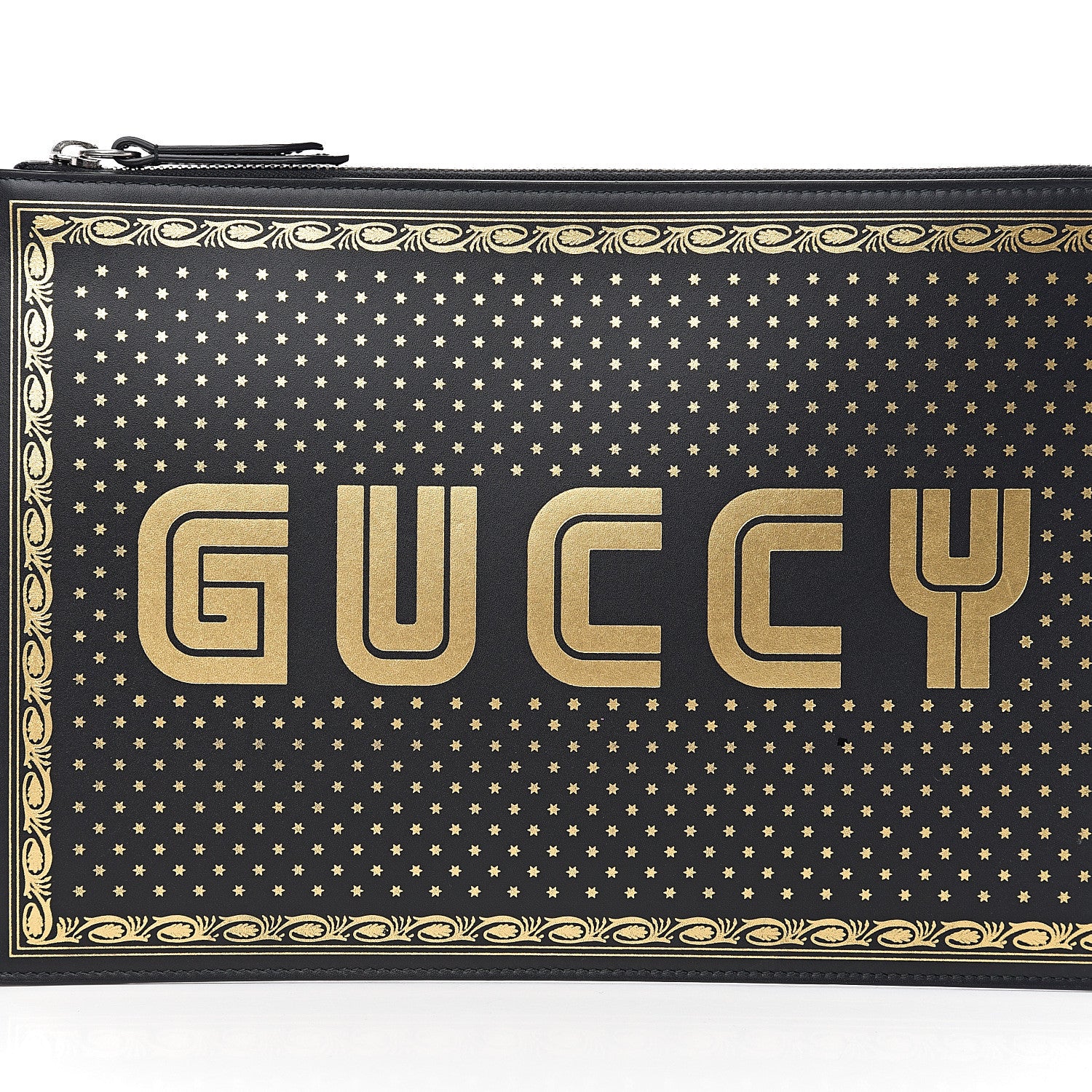Gucci X SEGA Calfskin GUCCY Stars Zip Wristlet Pouch Black Gold 6 of 6