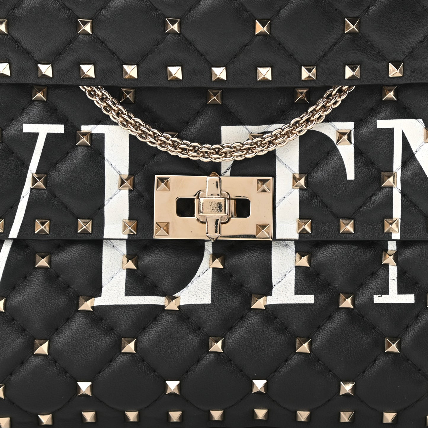 Lambskin VLTN Print Medium Rockstud Spike Shoulder Bag Black