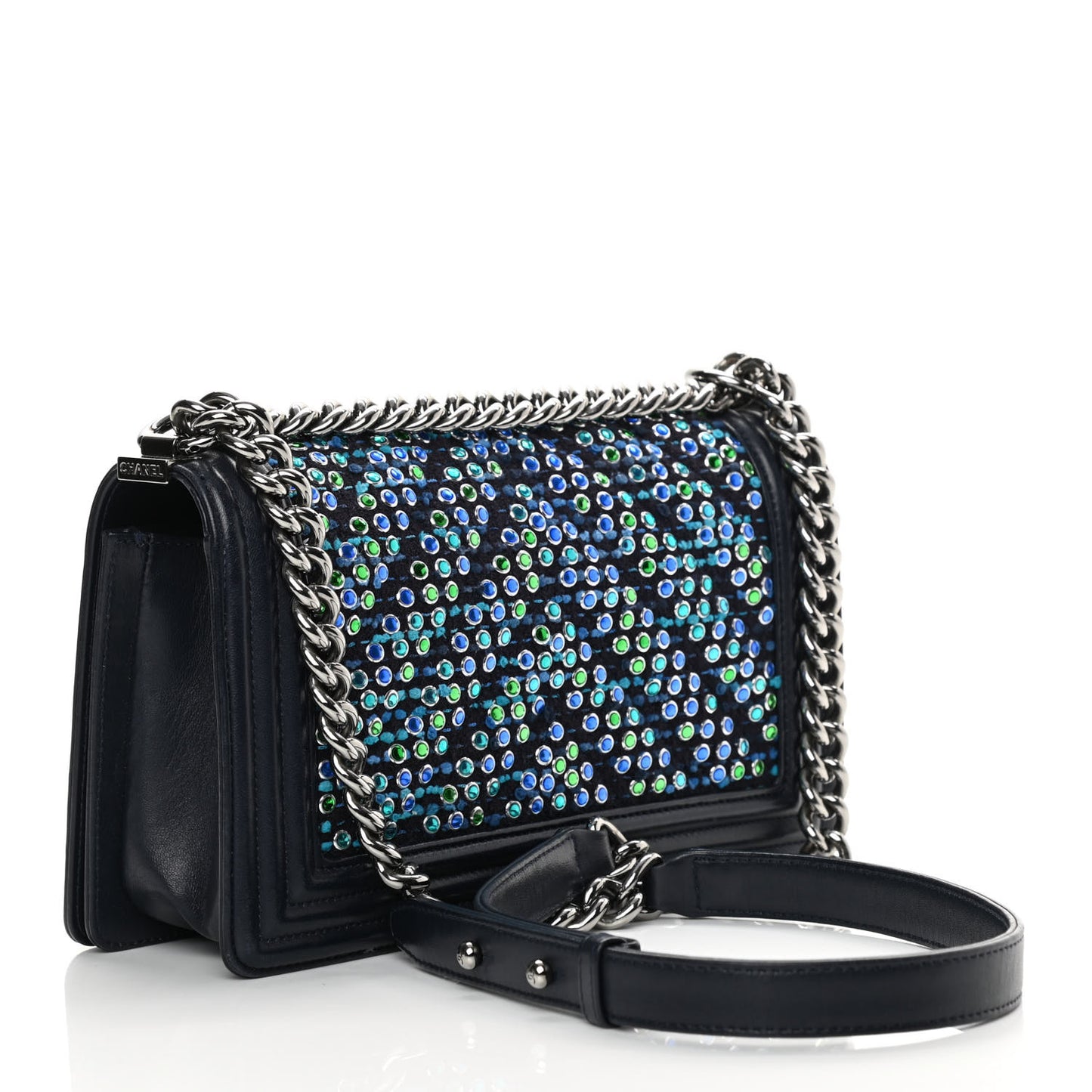 Tweed Crystal Calfskin Chevron Medium Boy Flap Blue