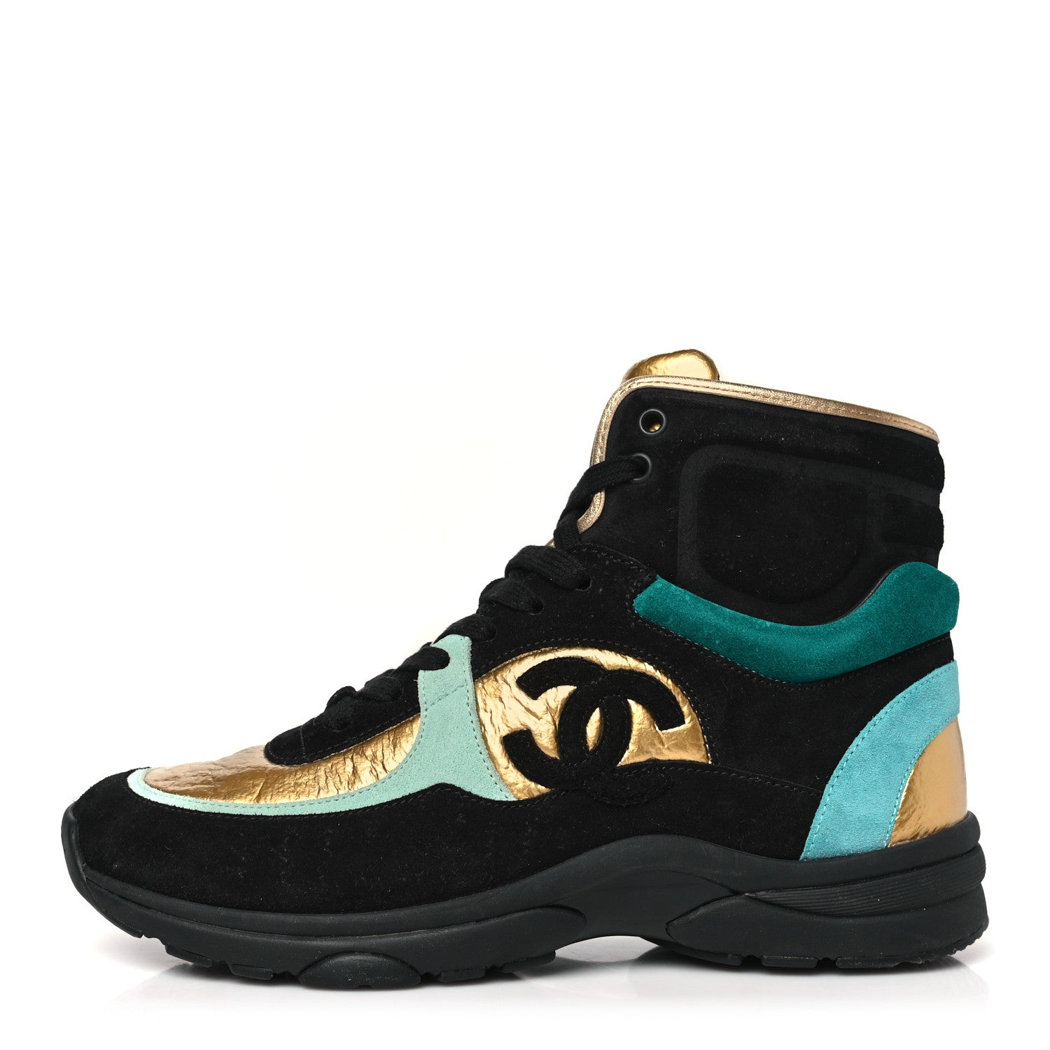 Chanel Suede Calfskin Fabric CC High Top Sneakers 38.5 Black Turquoise Gold 1 of 7