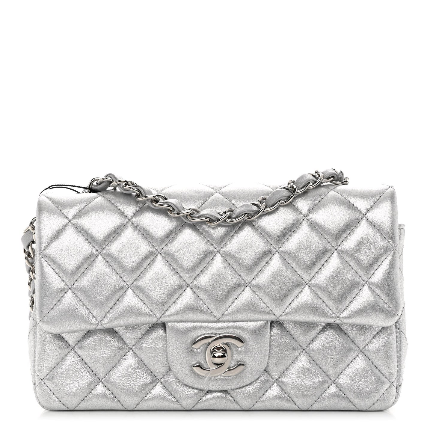 Metallic Lambskin Quilted Mini Rectangular Flap Silver
