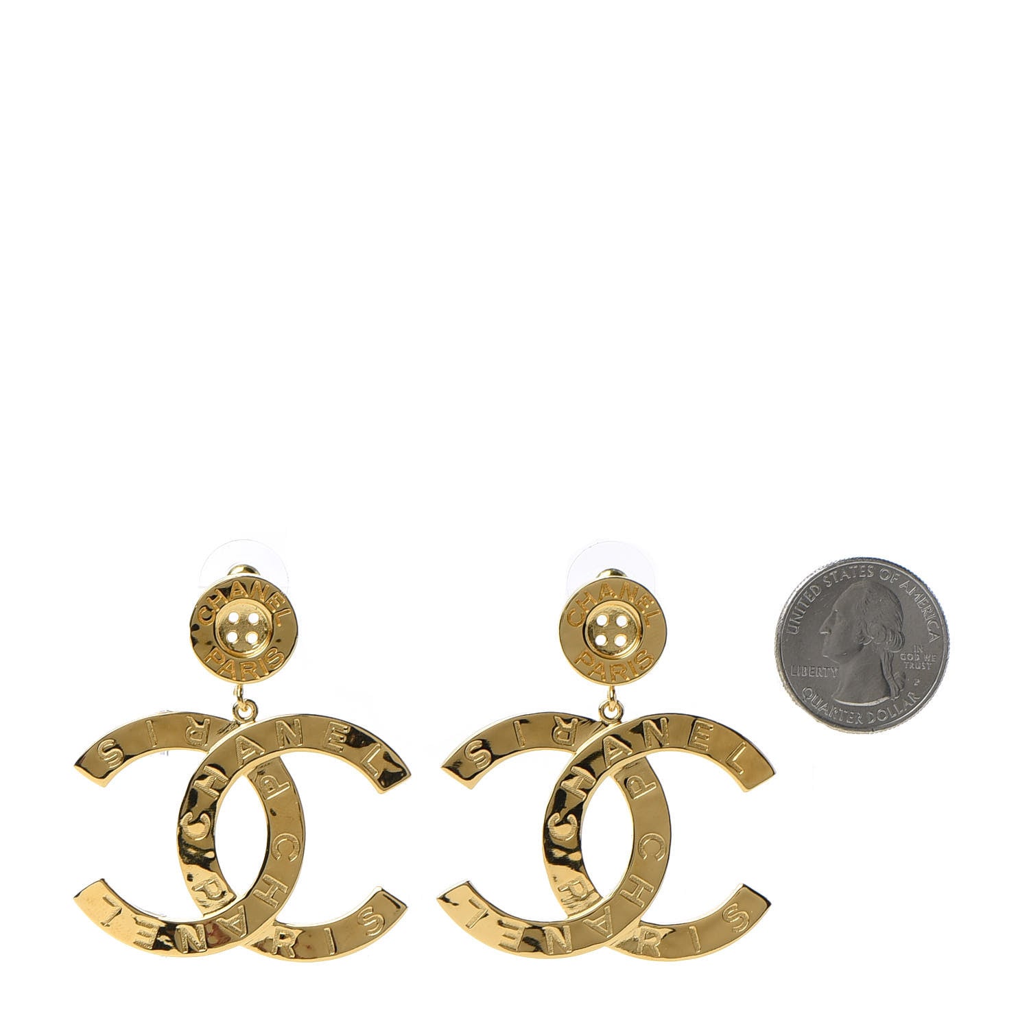 Chanel Metal Large Paris Button Earrings Gold 2 of 5