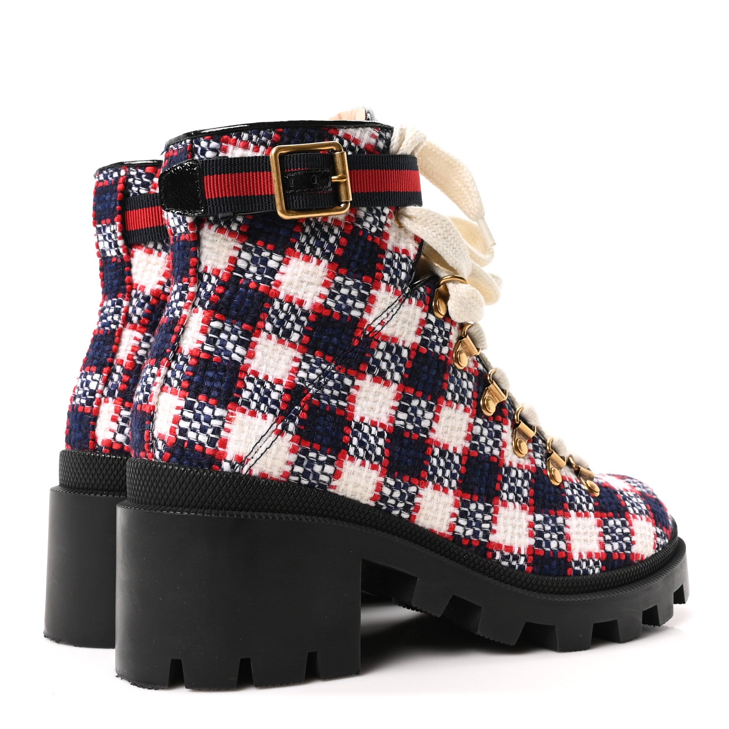 Gucci Vintage Tweed Check Lace Up Combat Ankle Boots 39 White Hibiscus Red Marine 5 of 10
