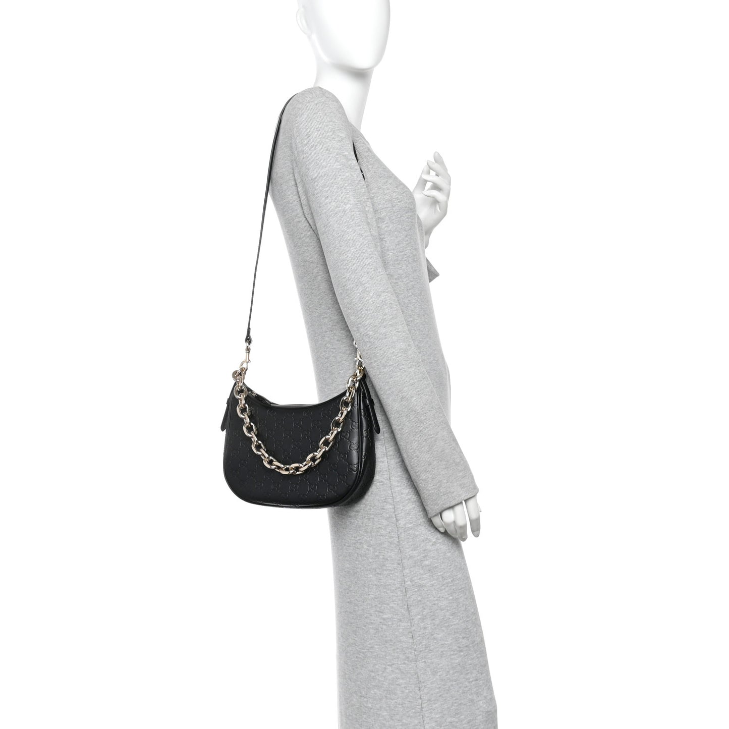 GG Calfskin Embossed Emblem Medium Half Moon Shoulder Bag Black