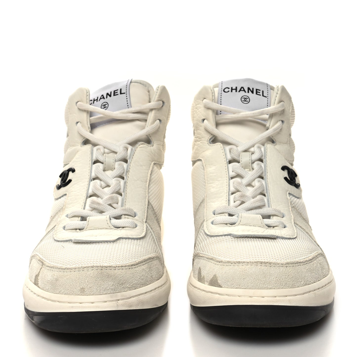Suede Fabric Grained Calfskin Womens CC High Top Sneakers 37 White