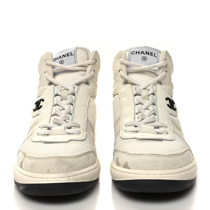 Chanel Suede Fabric Grained Calfskin Womens CC High Top Sneakers 37 White 2 of 11