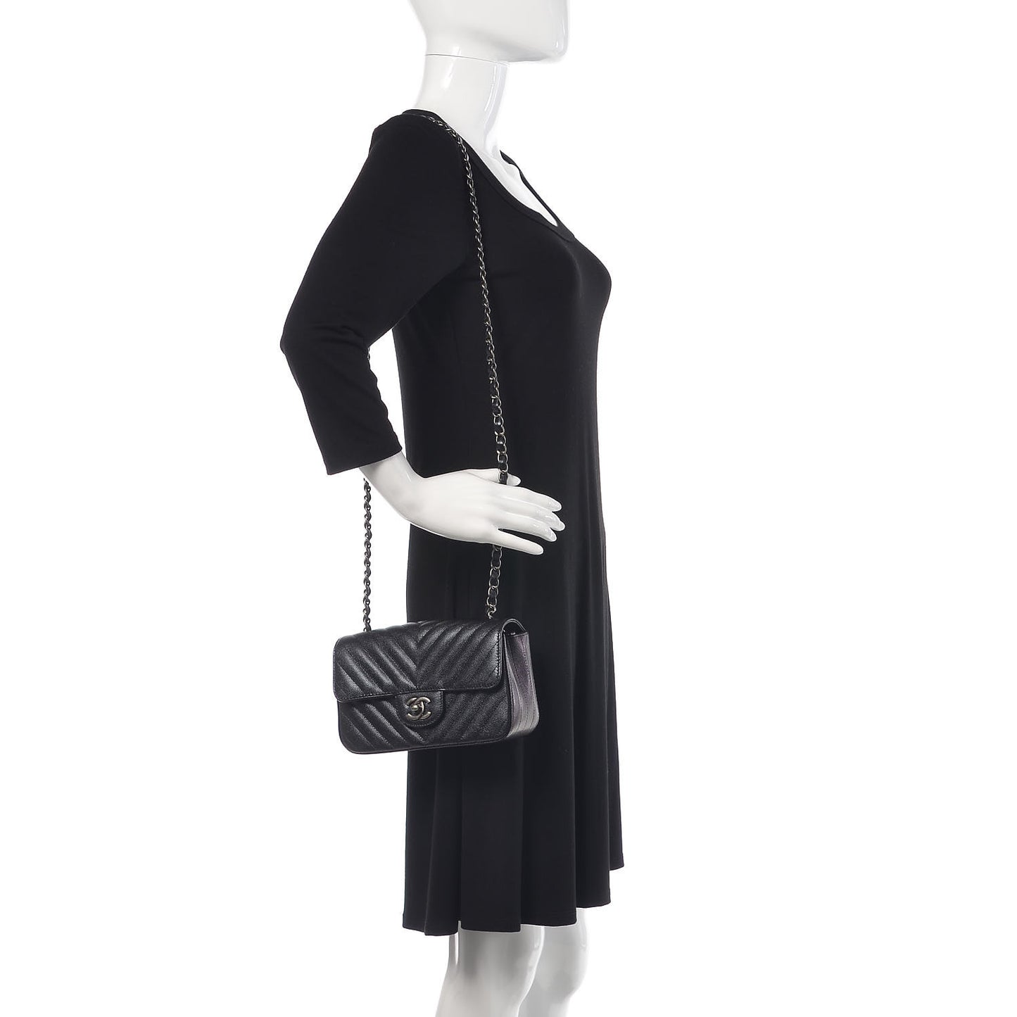 Iridescent Caviar Chevron Quilted Mini Rectangular Flap Black