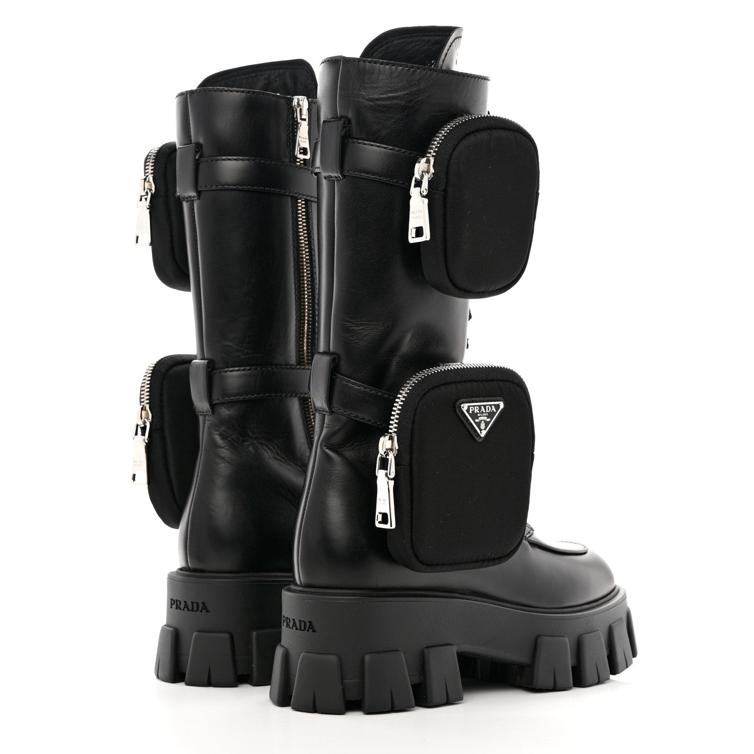 Prada Vitello Lux Nylon Metal Triangle Logo Monolith Pouch Pocket 55mm Tall Combat Boots 36 Black 4 of 11