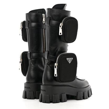 Prada Vitello Lux Nylon Metal Triangle Logo Monolith Pouch Pocket 55mm Tall Combat Boots 36 Black 4 of 11