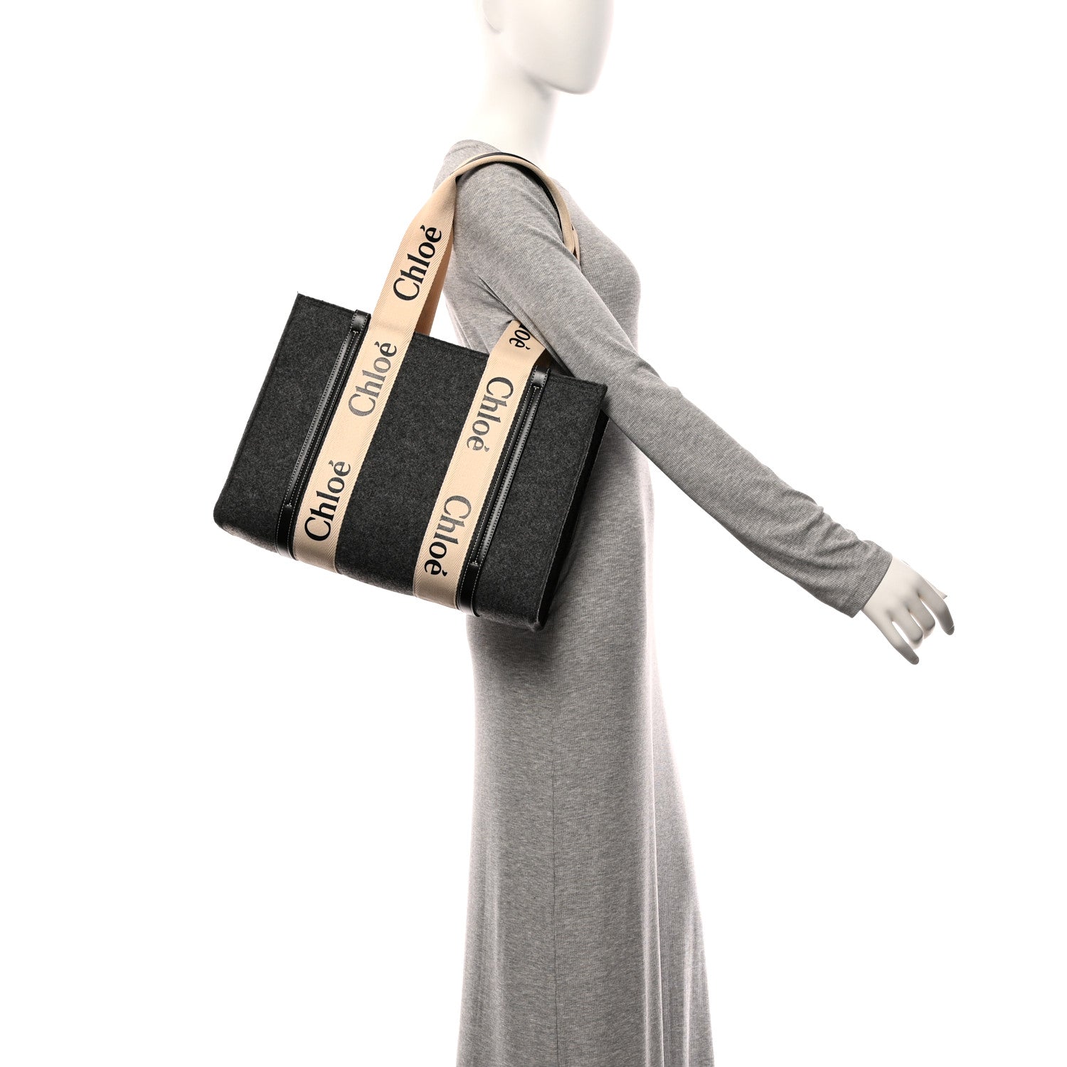 Chloe Felt Shiny Calfskin Medium Woody Ribbon Tote Cashmere Gray 2 of 10