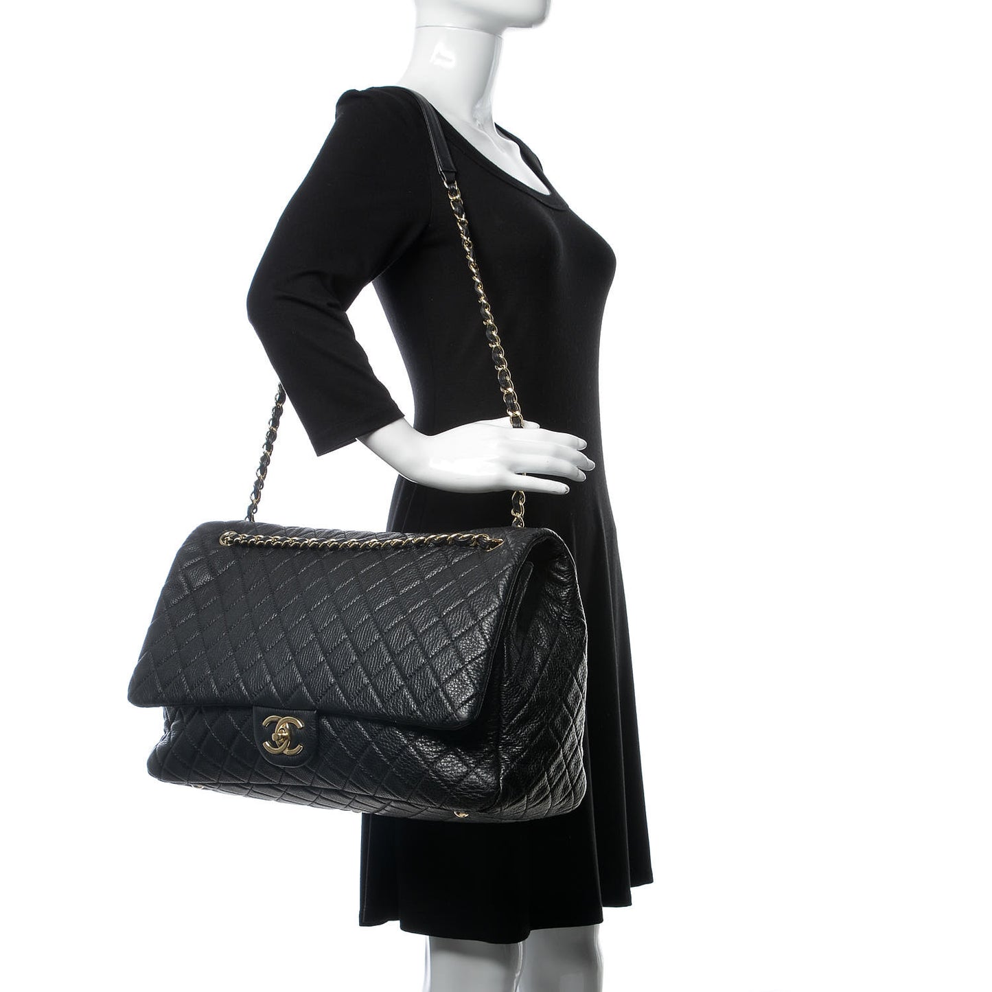 Calfskin Quilted XXL Travel Flap Bag Black
