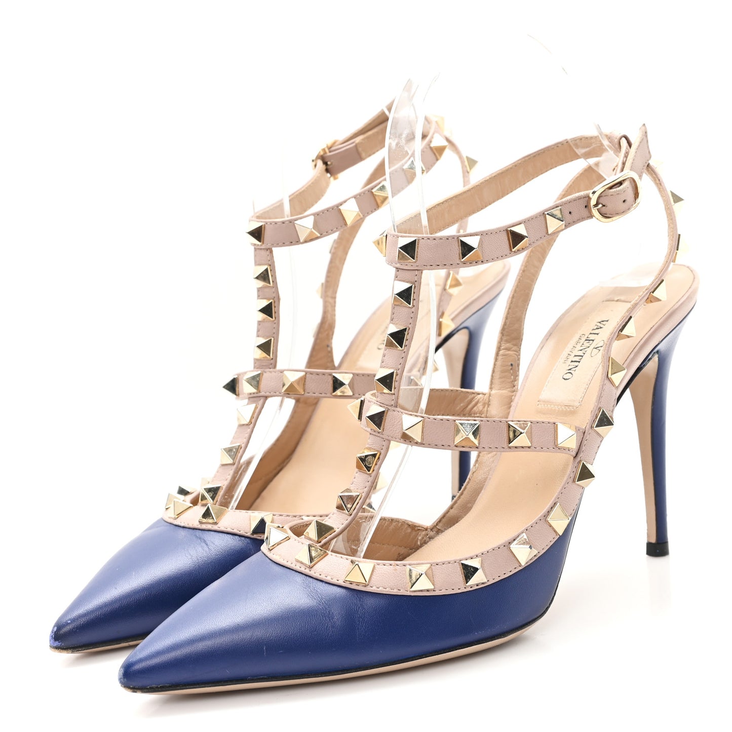Calfskin Nappa Rockstud Ankle Strap 100mm Pumps 37.5 Marine Poudre
