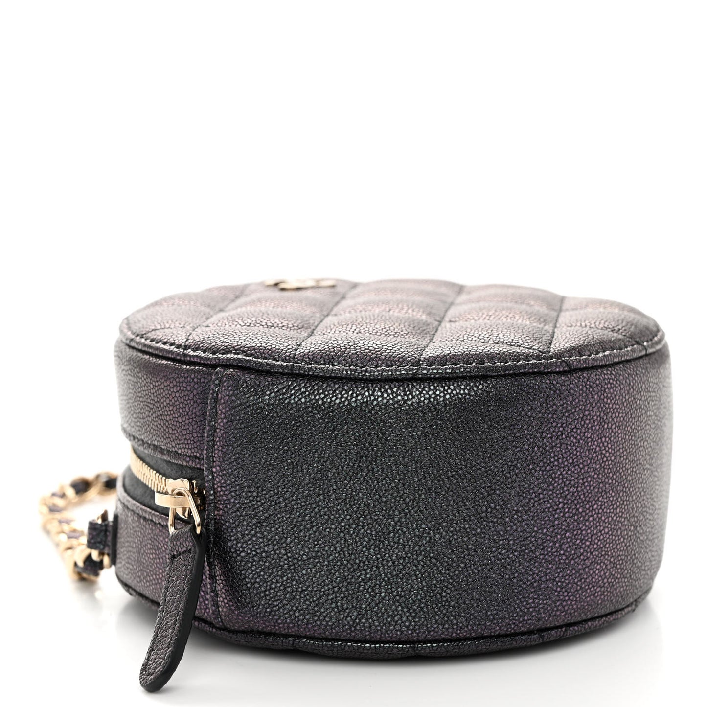 Iridescent Caviar Quilted Round Clutch With Chain Navy