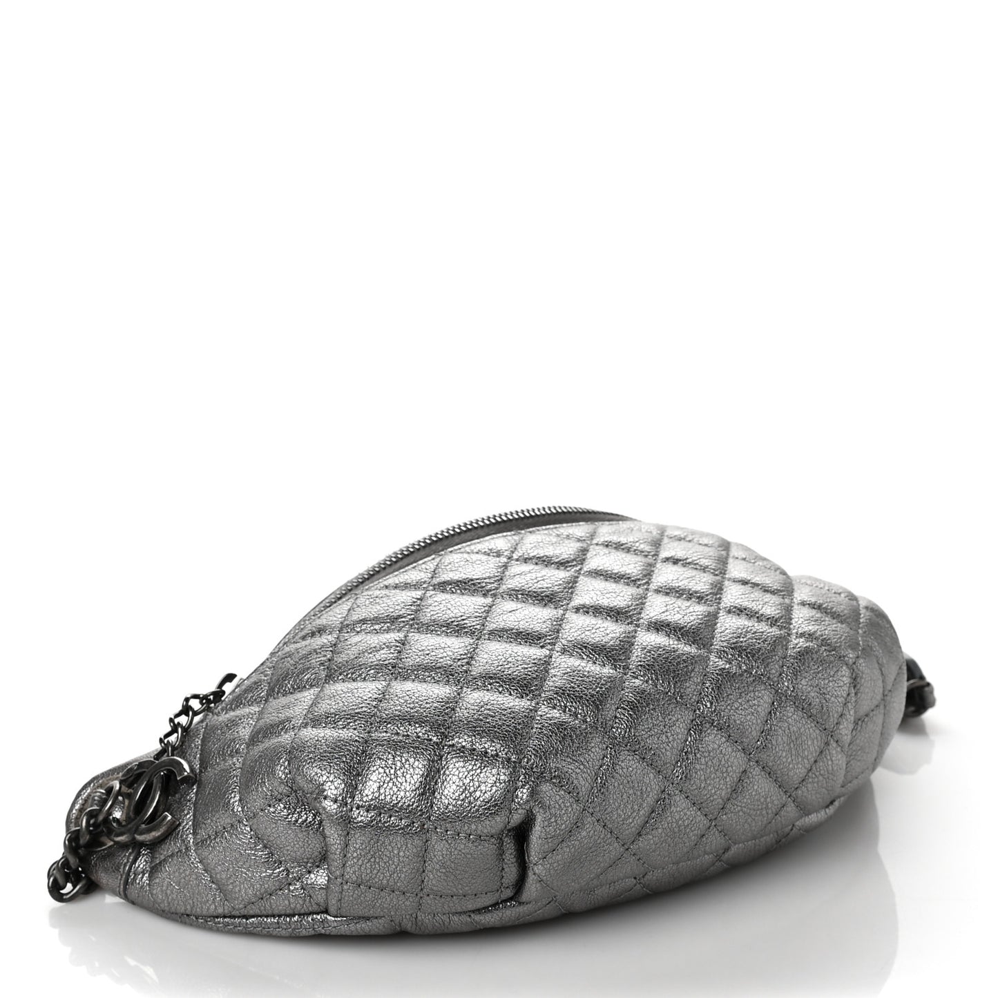 Metallic Calfskin Quilted Banane Waist Bag Fanny Pack Silver