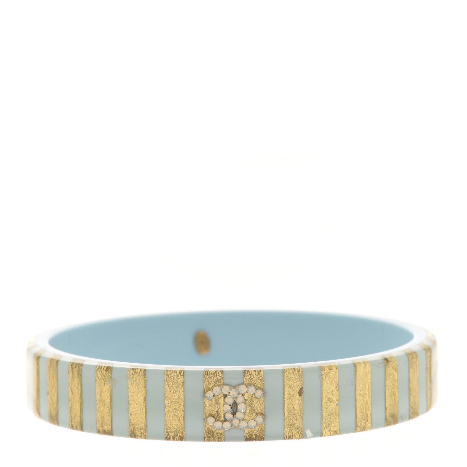 Chanel Resin Crystal Striped CC Cuff Bangle Bracelet Light Blue Gold 1 of 4