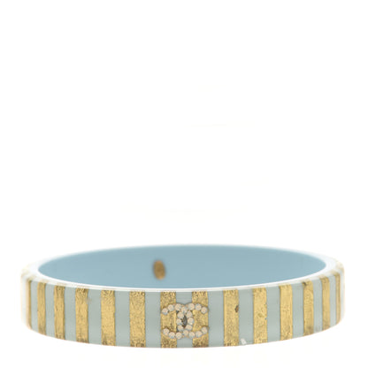 Chanel Resin Crystal Striped CC Cuff Bangle Bracelet Light Blue Gold 1 of 4