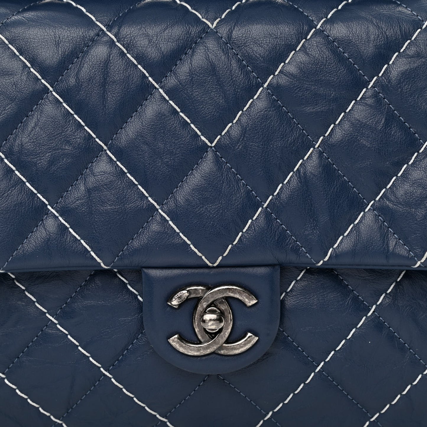 Aged Calfskin Chevron Stitched Quilted Flap Blue