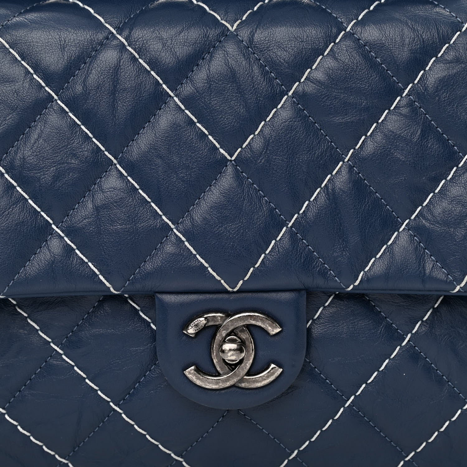 Chanel Aged Calfskin Chevron Stitched Quilted Flap Blue 8 of 10