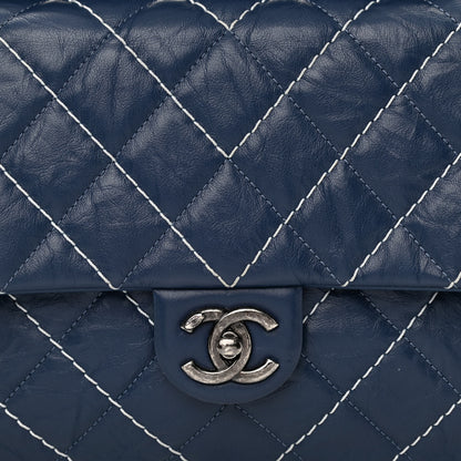 Chanel Aged Calfskin Chevron Stitched Quilted Flap Blue 8 of 10