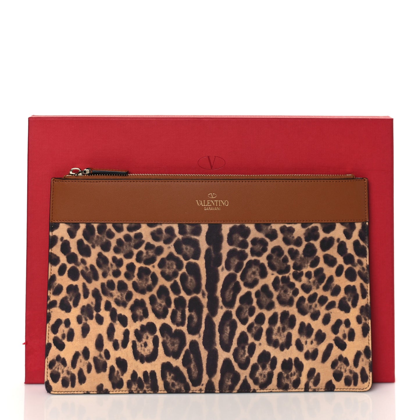 Calfskin Leopard Print City Safari Large Pouch Brown