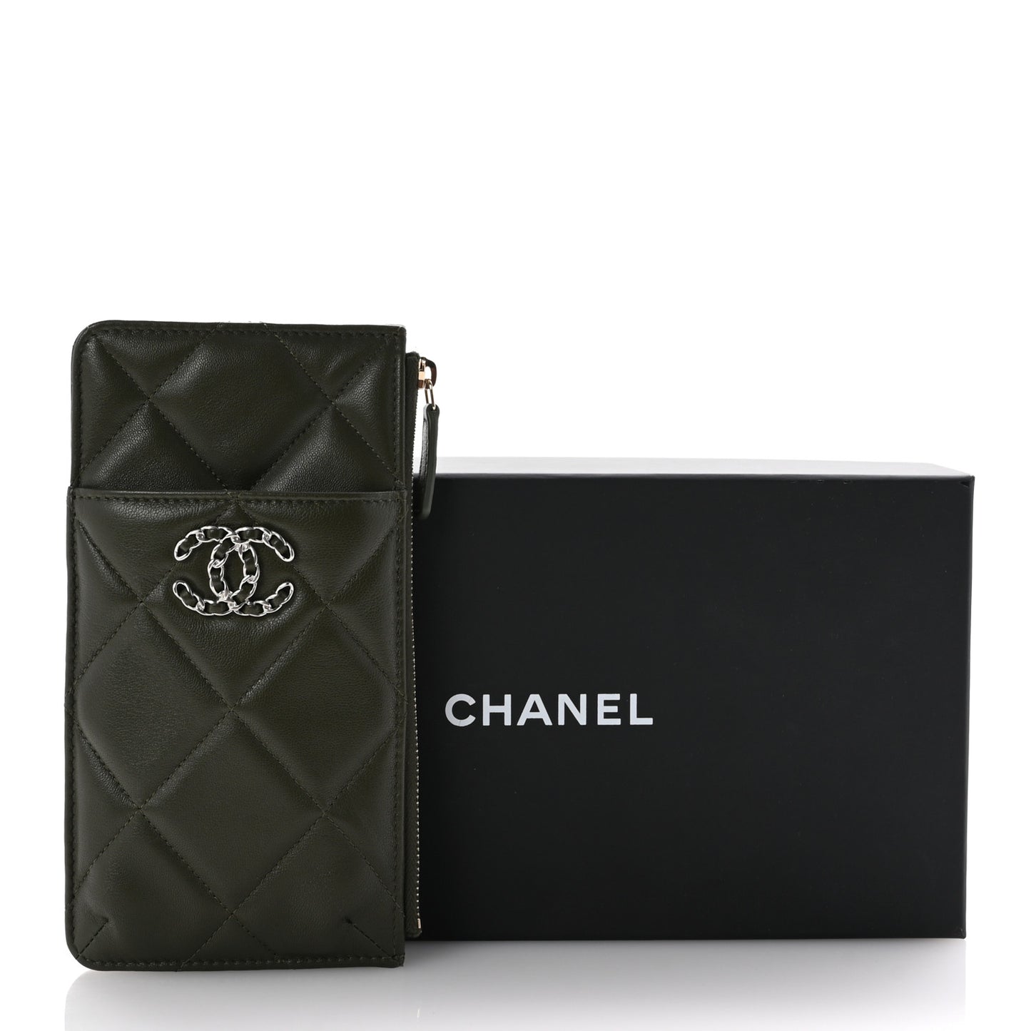 Lambskin Quilted Chanel 19 Phone and Card Holder Khaki