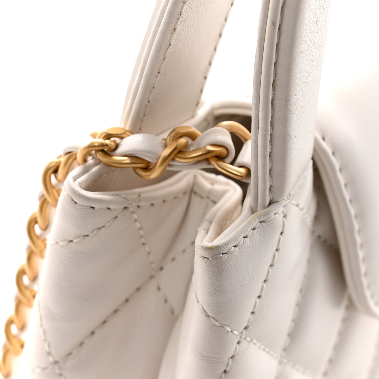 Shiny Aged Calfskin Quilted Nano Kelly Shopper White