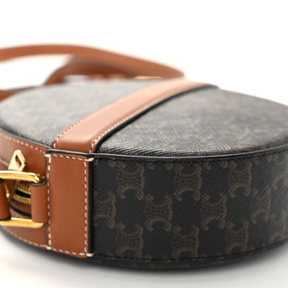 Celine Lambskin Triomphe Canvas Round Purse On Strap Black Tan 9 of 10