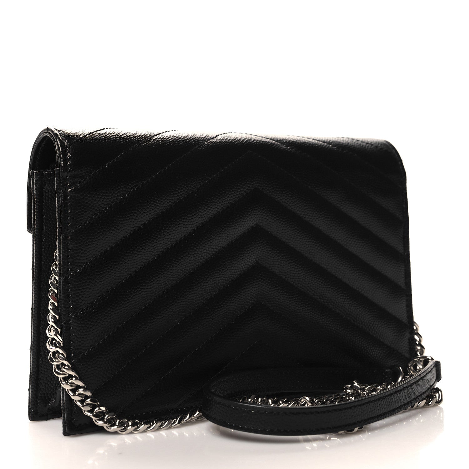 Saint Laurent Grain De Poudre Matelasse Chevron Monogram Envelope Chain Wallet Black 3 of 10